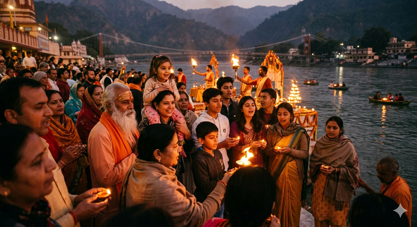 A small group of working professionals in a guided session by the Ganga in Rishikesh