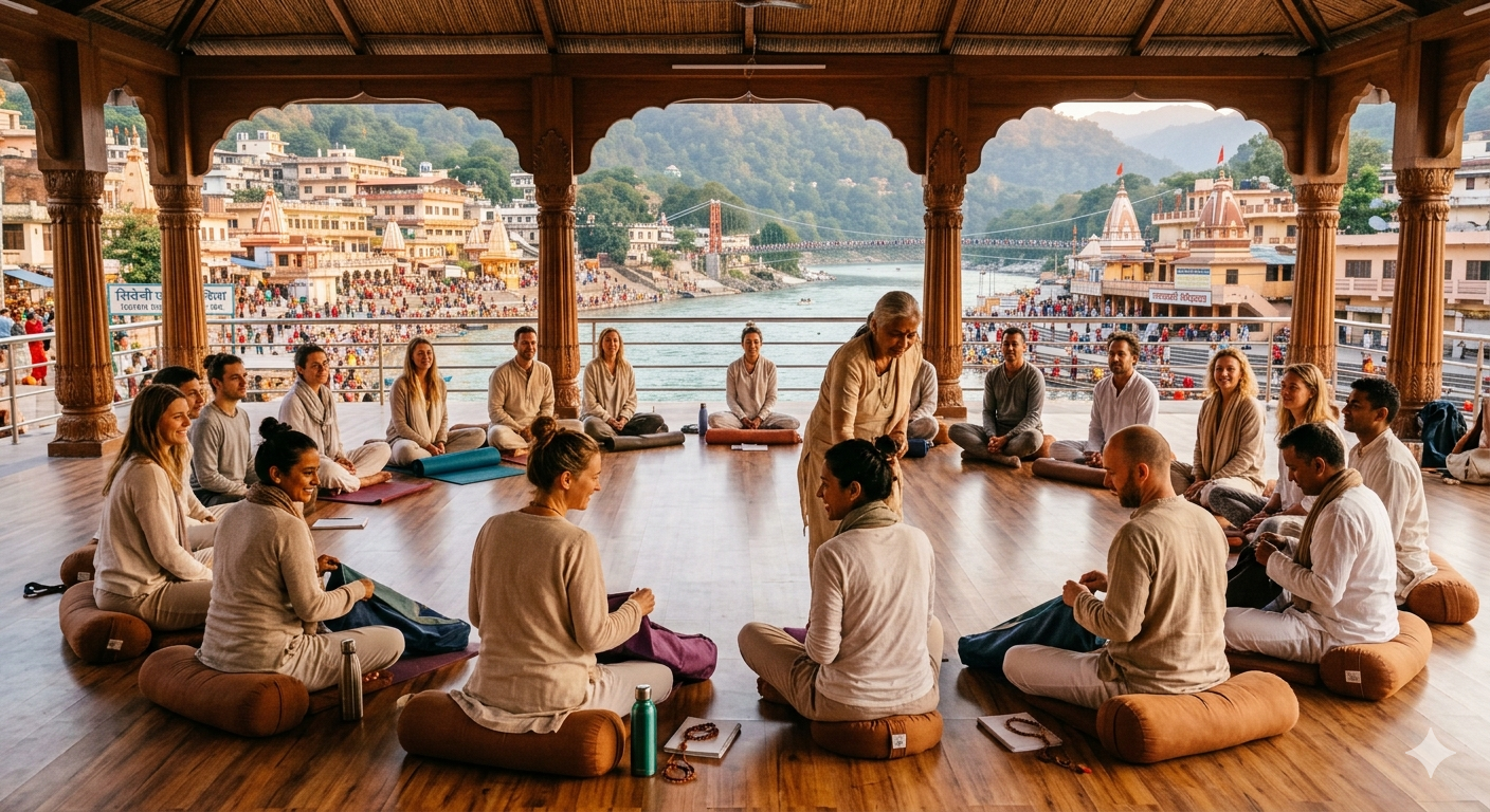 First-time attendees settling into a retreat session in Rishikesh