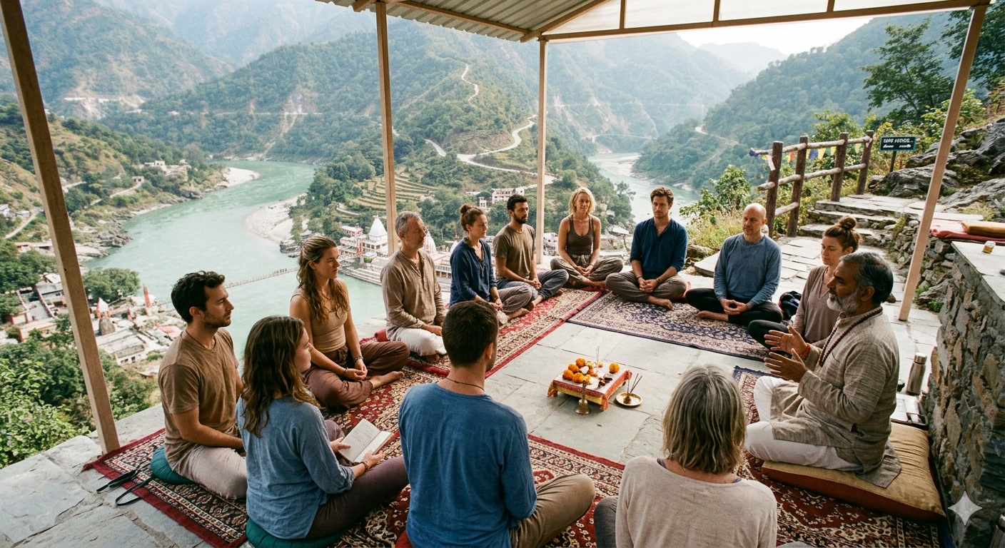A guided retreat group session in Rishikesh