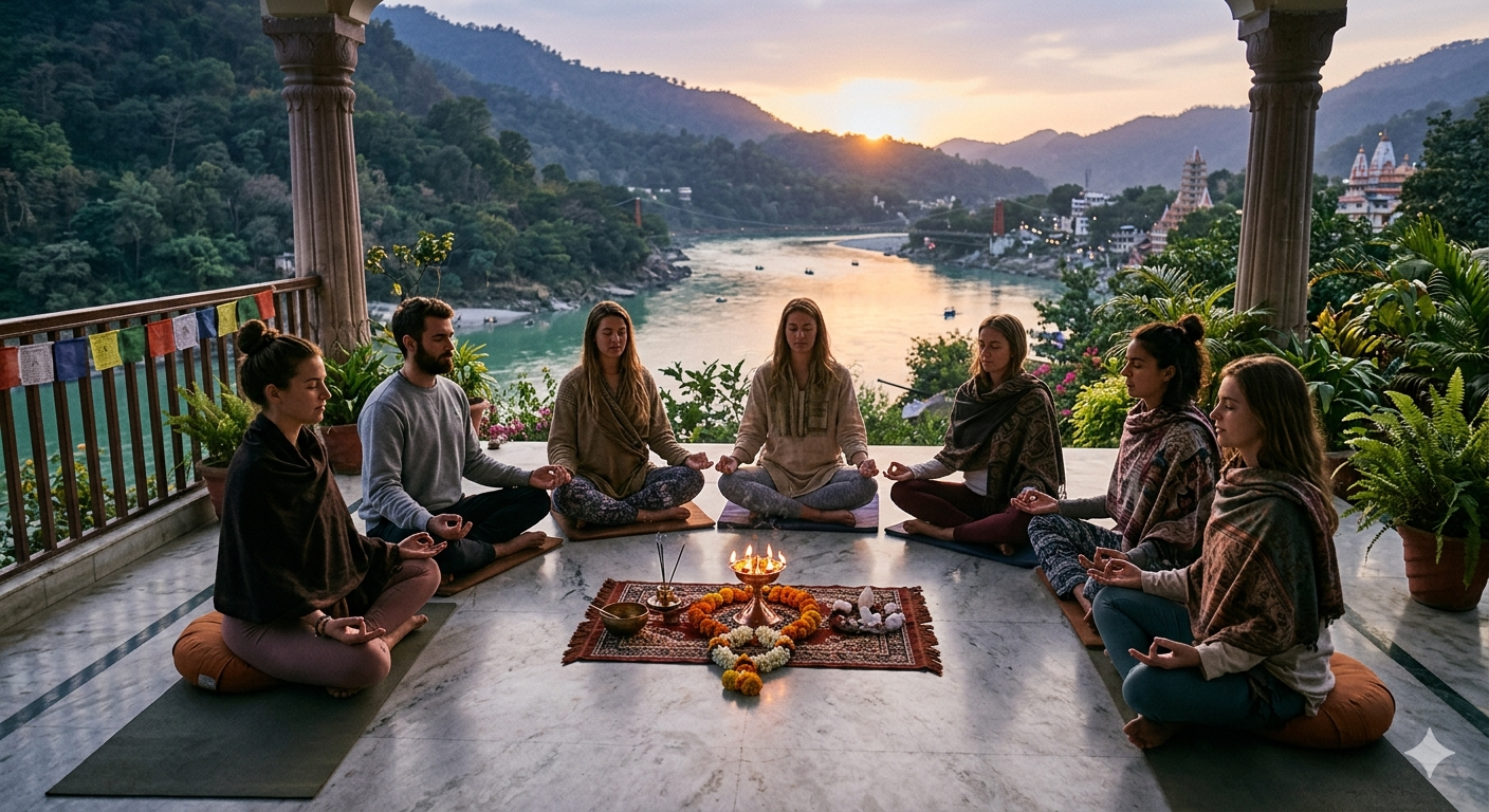 Group of young people in a meditation circle during a retreat in Rishikesh