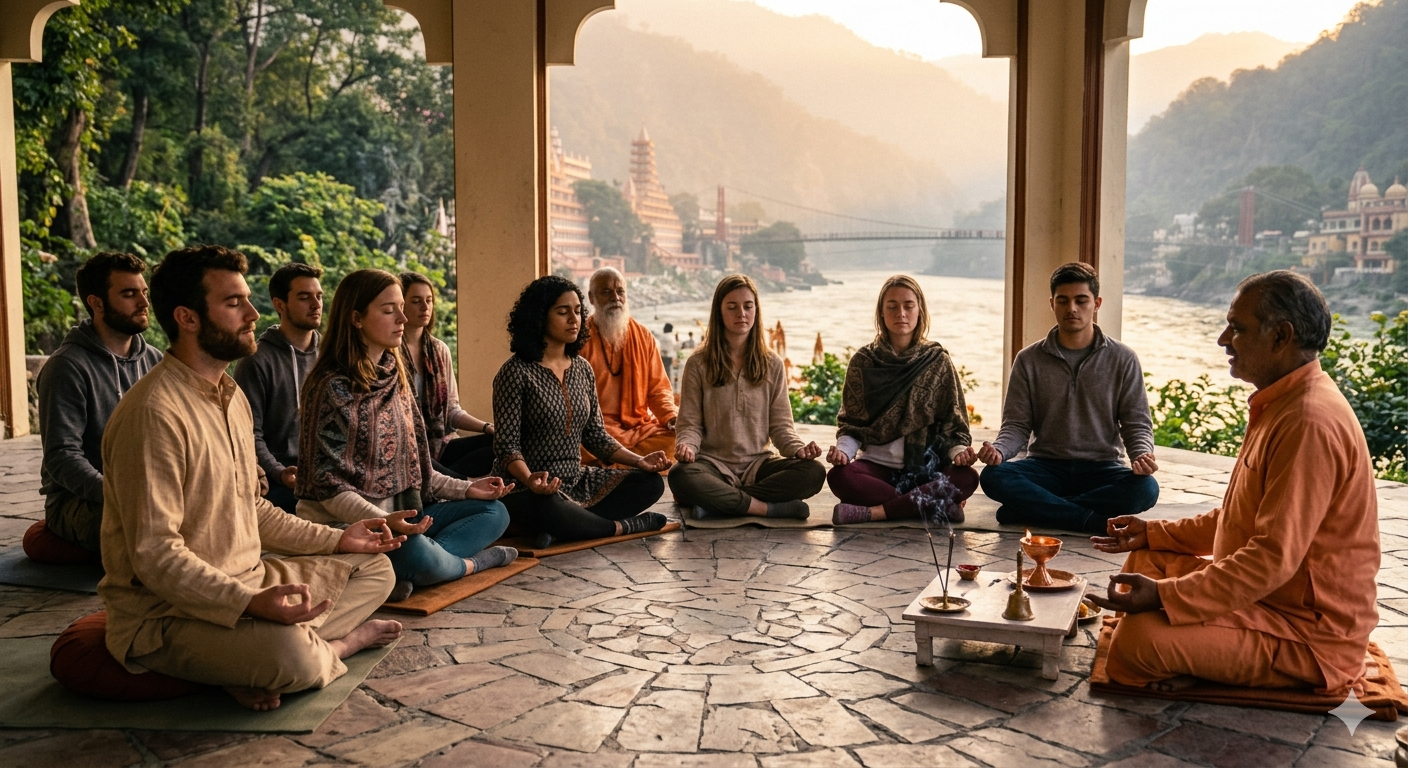 Group of students in a guided meditation session during a retreat