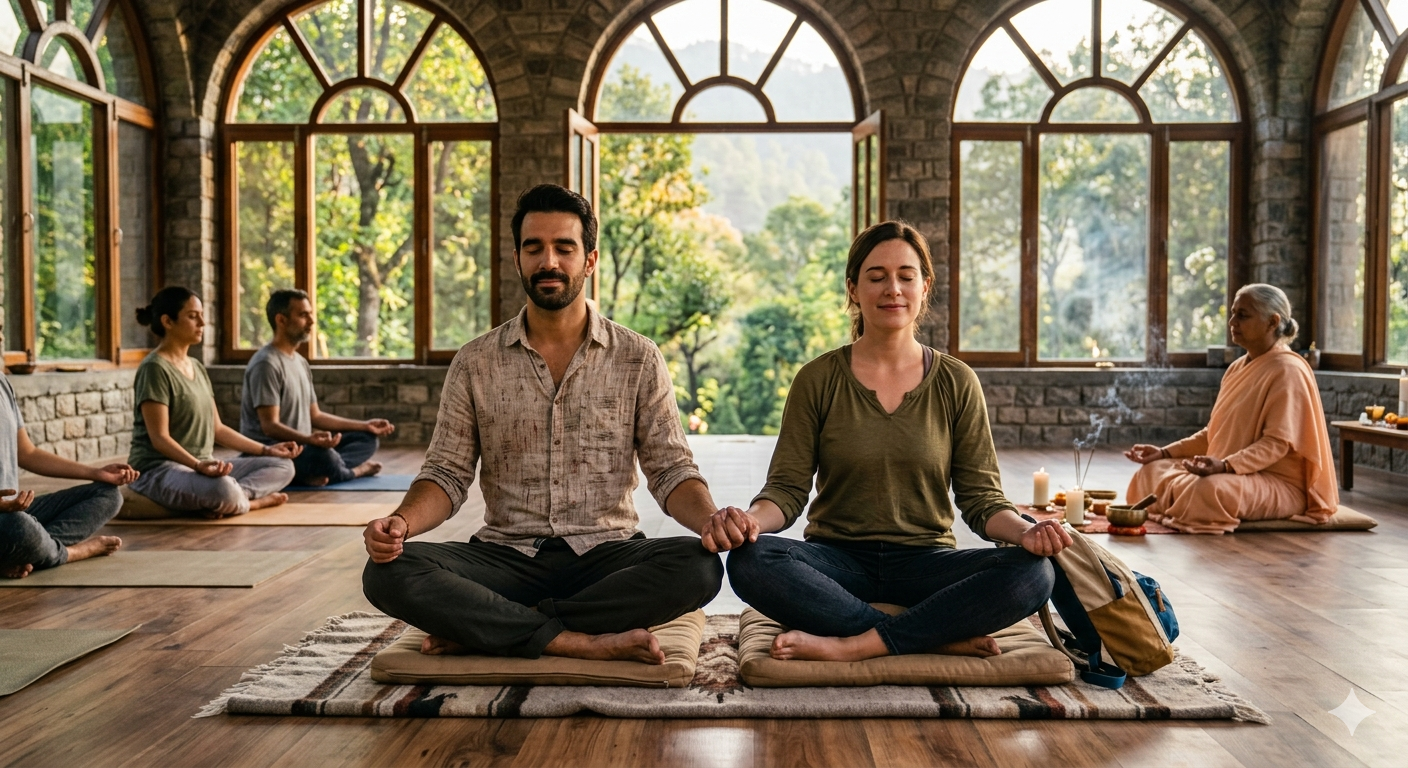 A couple sitting together during a guided meditation session at a retreat