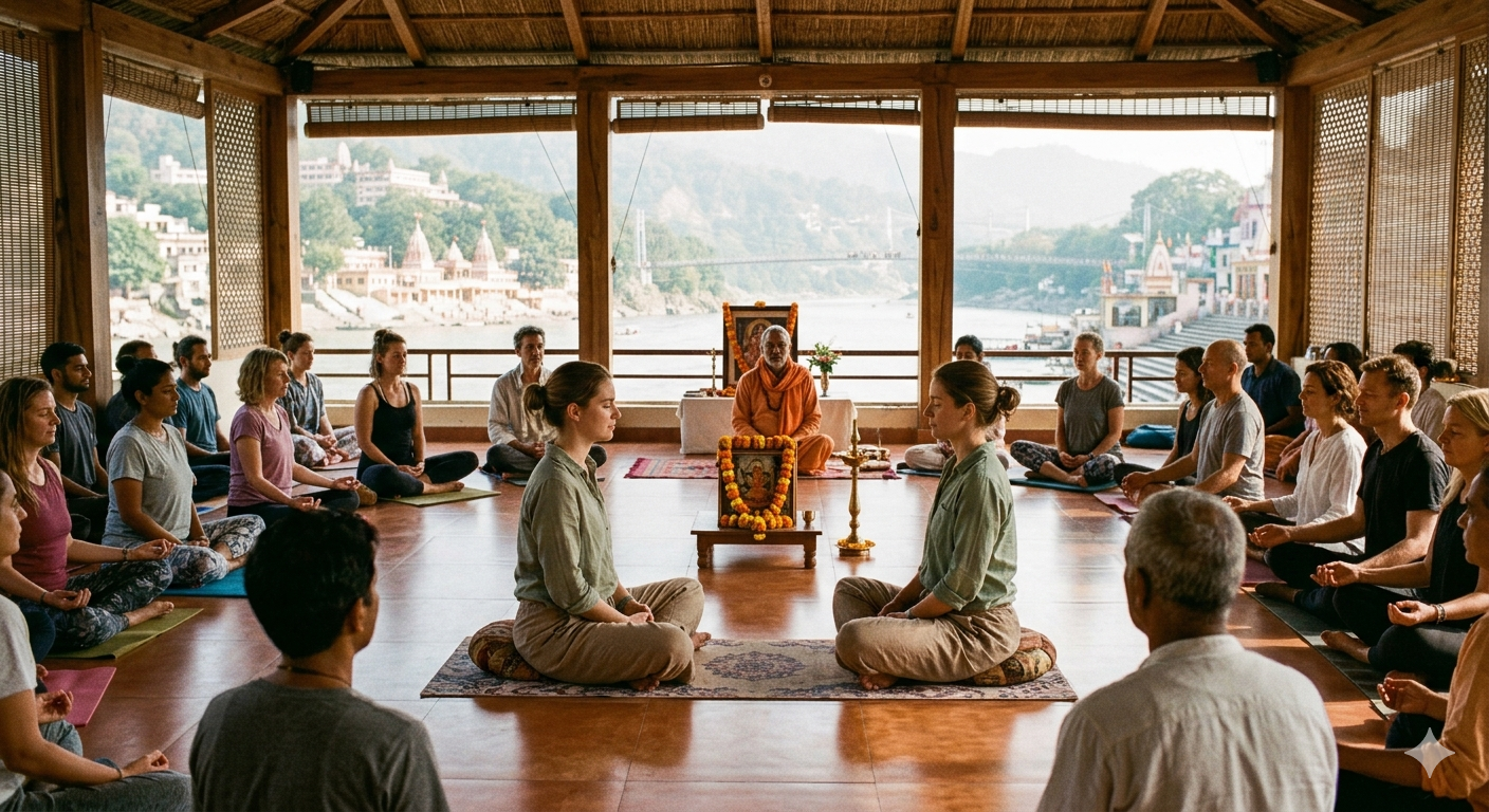 A solo traveller joining a group meditation session at a retreat in Rishikesh
