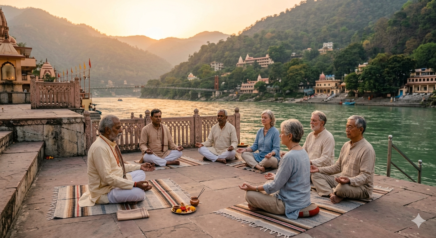 A group of retirees in a calm retreat session in Rishikesh