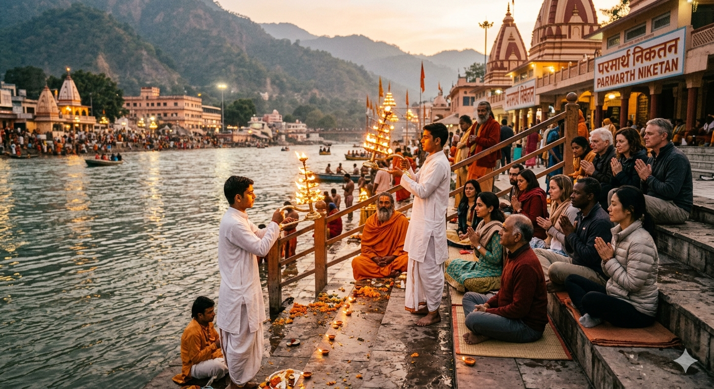 A diverse group of retreat attendees including diaspora visitors at a ceremony in Rishikesh